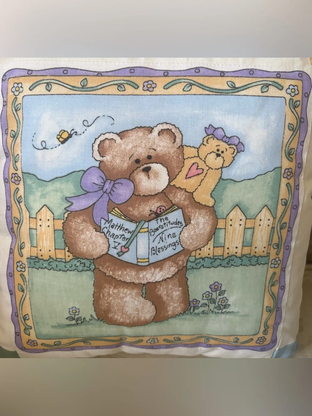 Handmade Christian Teddy Bear Decorative Pillow 11”x11.5” Beatitudes Matthew 5